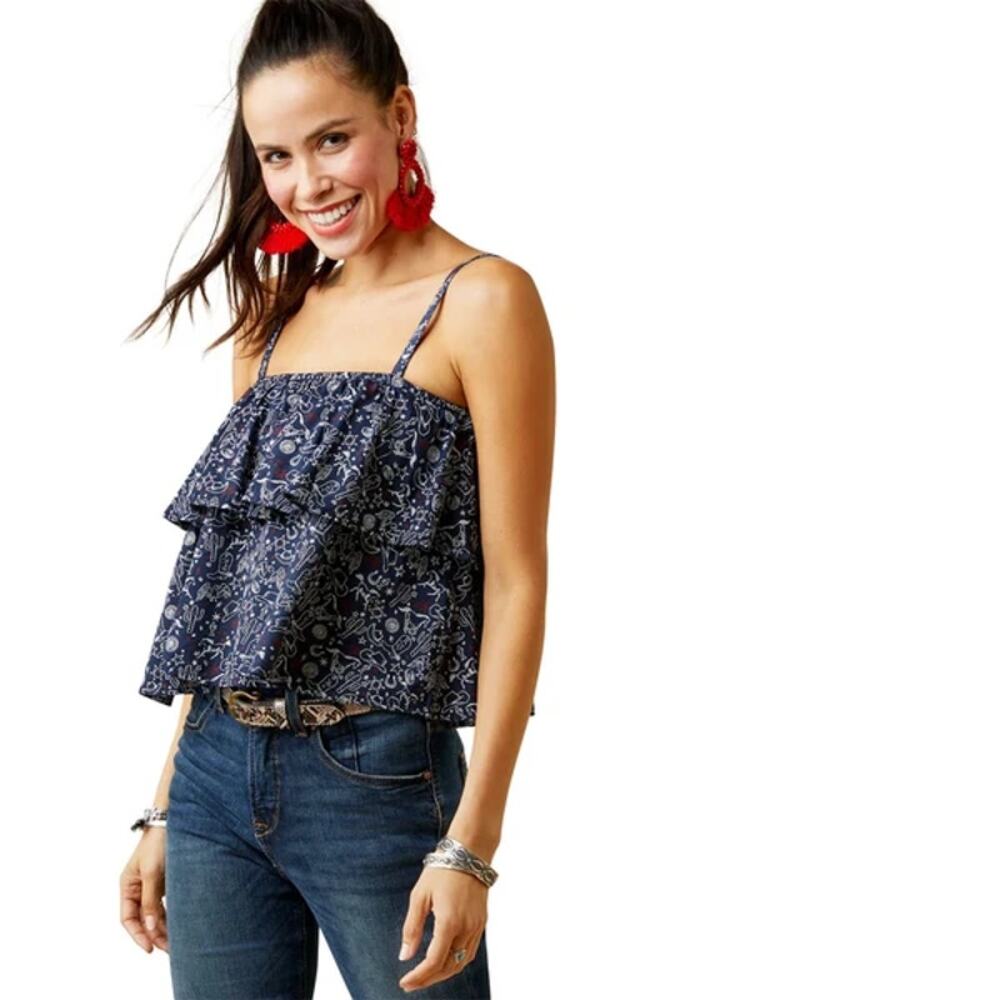 NWT Ariat Howdy Print Sleeveless Ruffle Trim Tank Top Blue Multi Womens Size L
